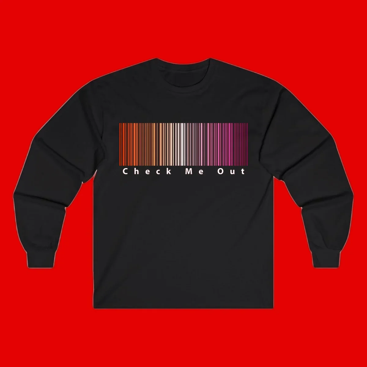Check me out pride design with vertical rainbow gradient stripes transitioning from red to magenta with bold white text