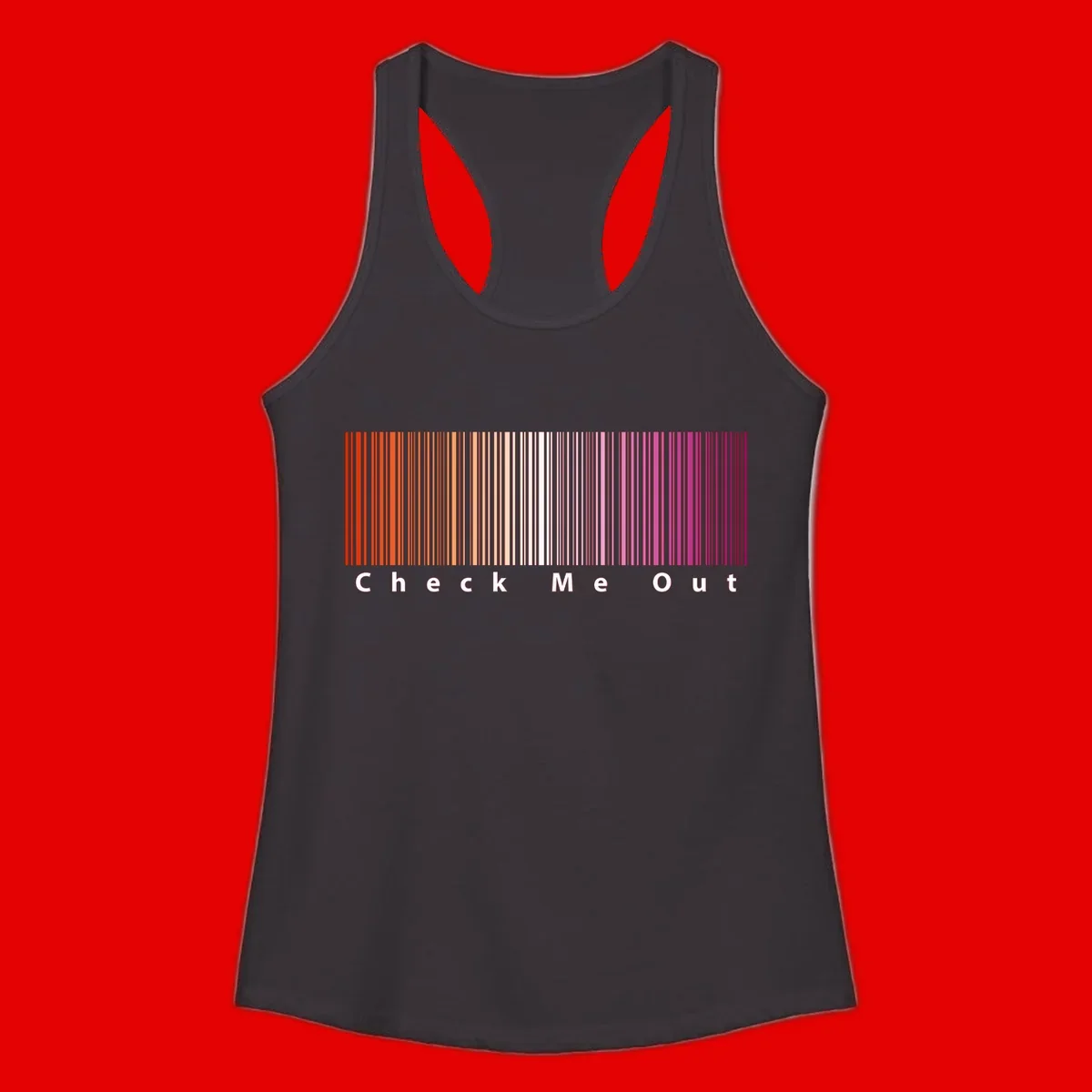 Check me out pride design with vertical rainbow gradient stripes transitioning from red to magenta with bold white text