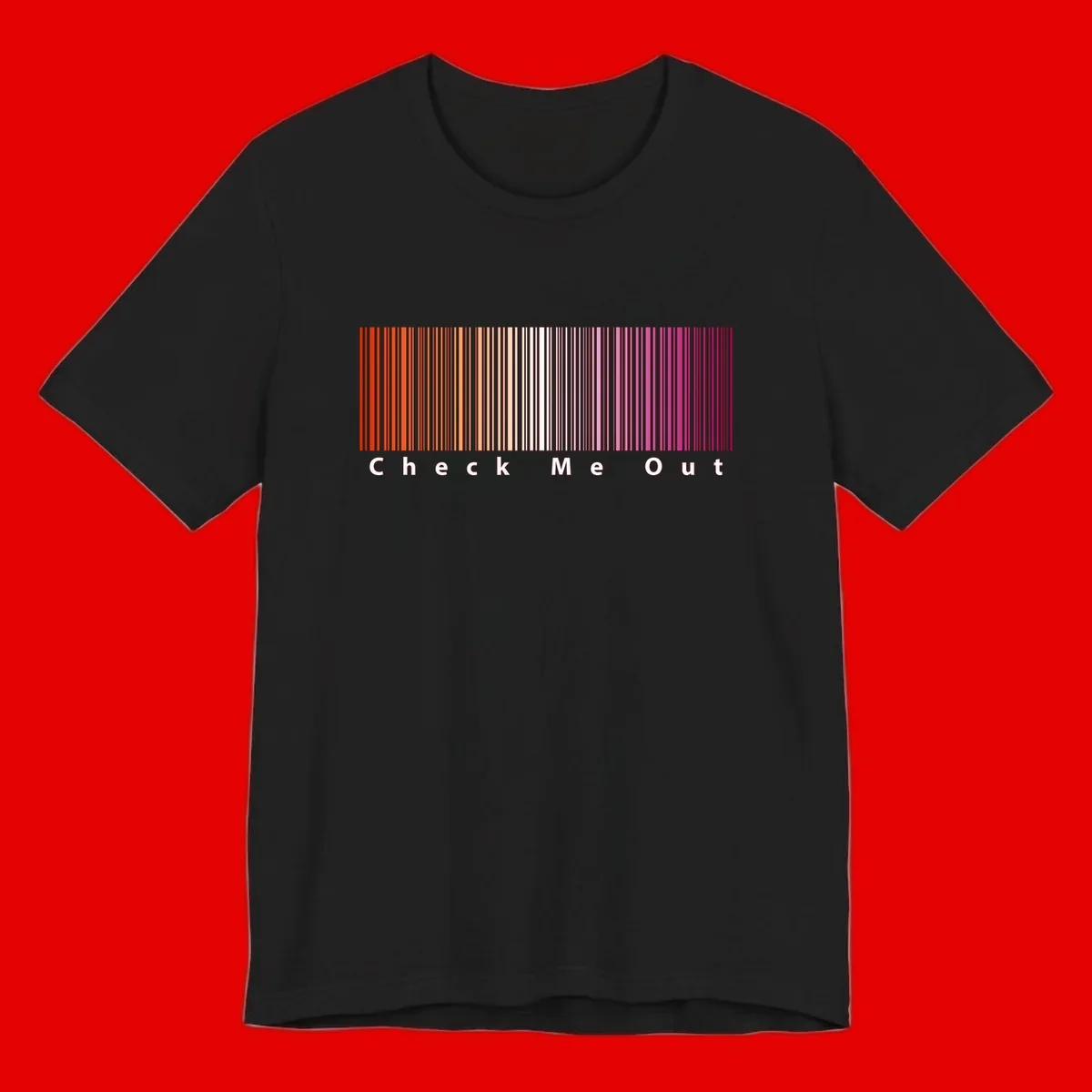 Check me out pride design with vertical rainbow gradient stripes transitioning from red to magenta with bold white text