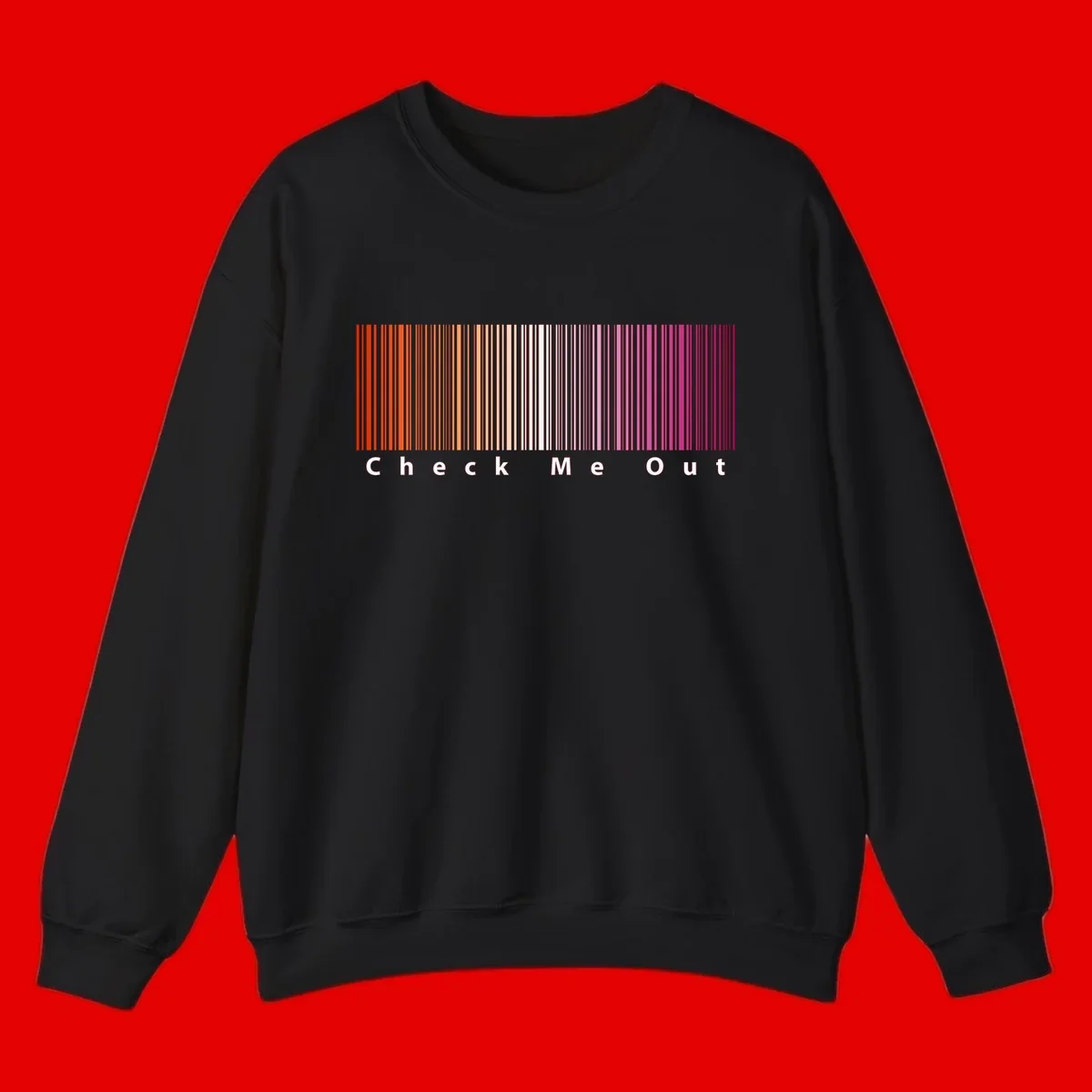Check me out pride design with vertical rainbow gradient stripes transitioning from red to magenta with bold white text