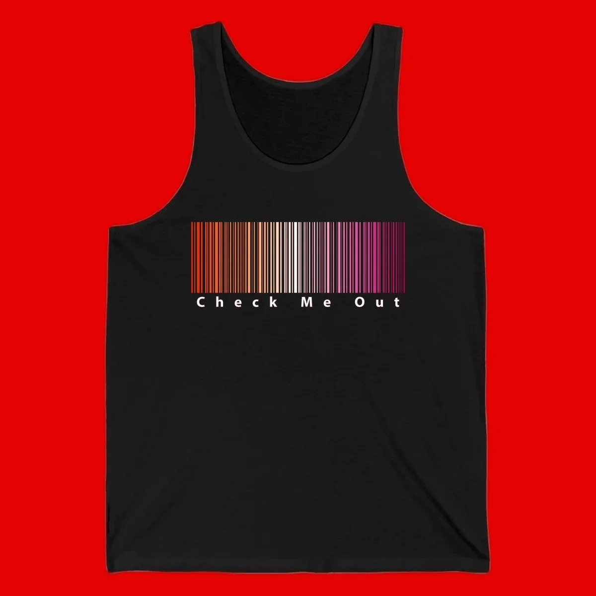 Check me out pride design with vertical rainbow gradient stripes transitioning from red to magenta with bold white text
