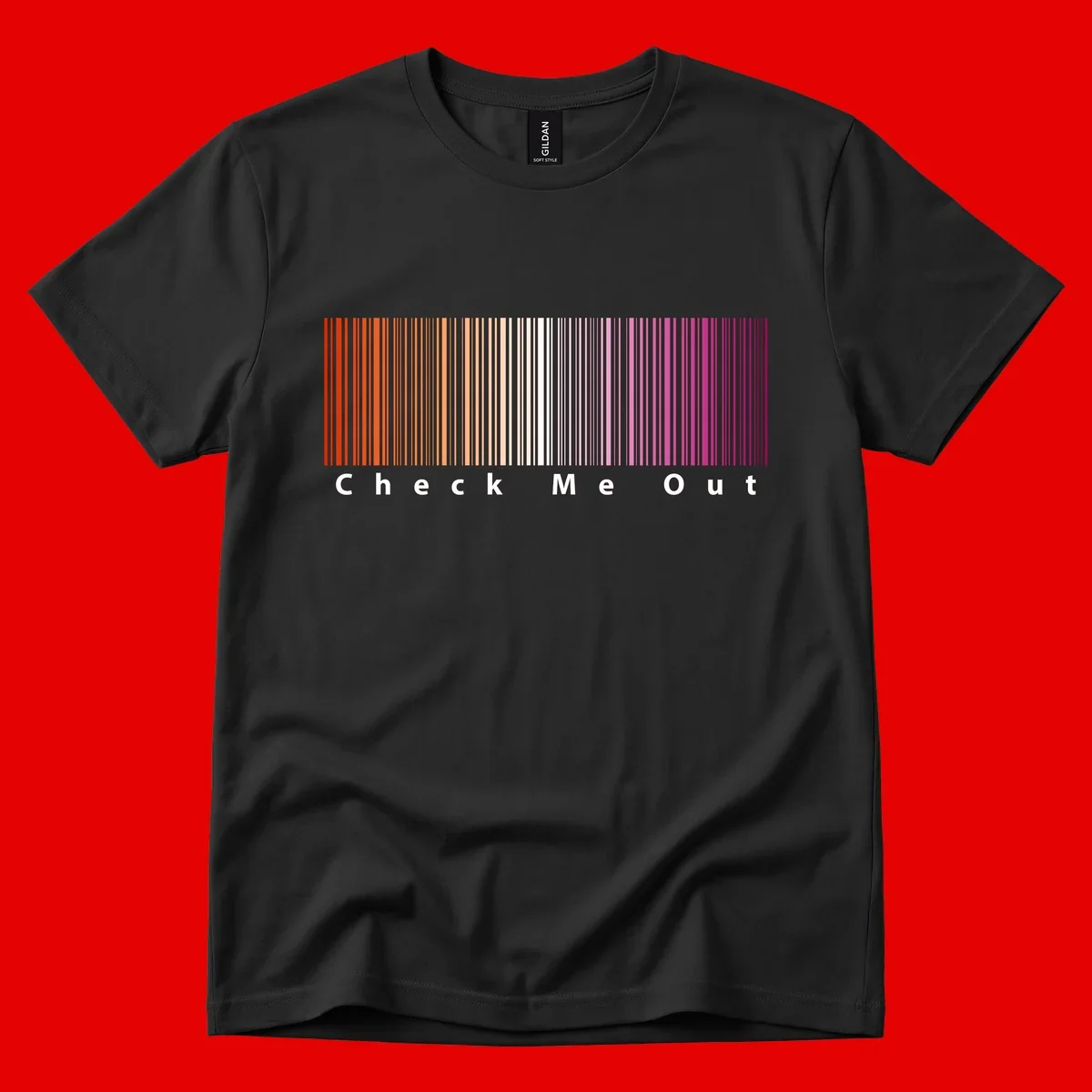 Check me out pride design with vertical rainbow gradient stripes transitioning from red to magenta with bold white text