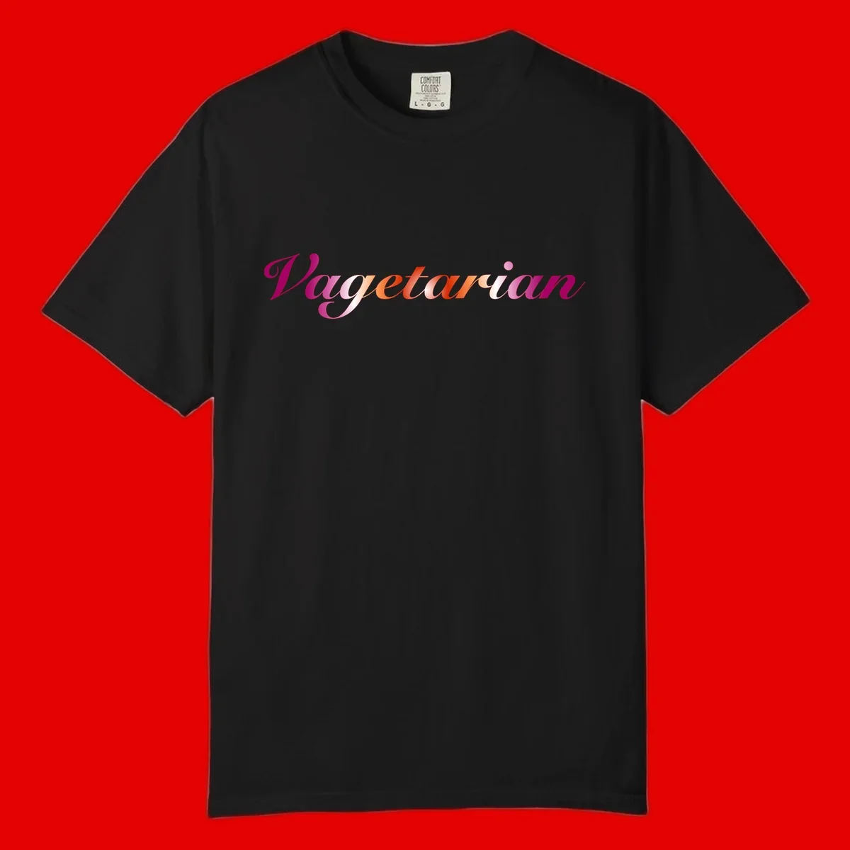 Colorful 'Vegetarian' text in flowing script with magenta, pink, and orange lettering on gray background