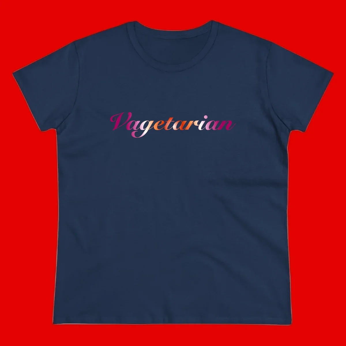 Colorful 'Vegetarian' text in flowing script with magenta, pink, and orange lettering on gray background