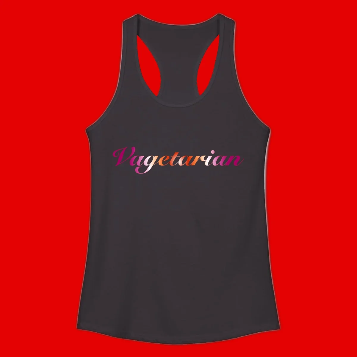 Colorful 'Vegetarian' text in flowing script with magenta, pink, and orange lettering on gray background