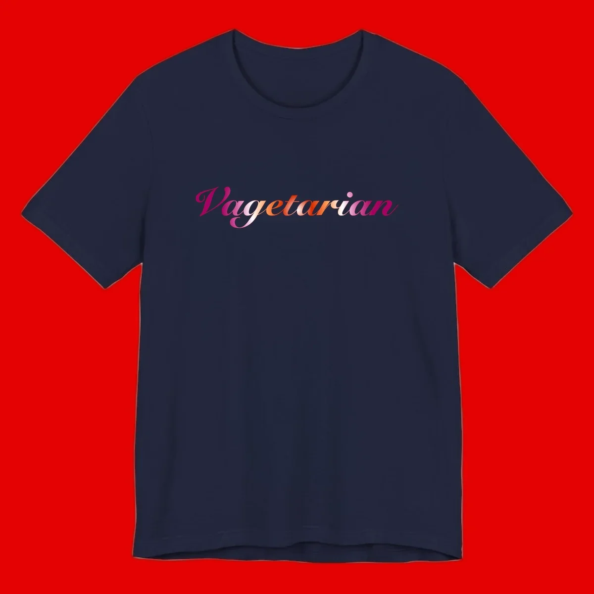 Colorful 'Vegetarian' text in flowing script with magenta, pink, and orange lettering on gray background