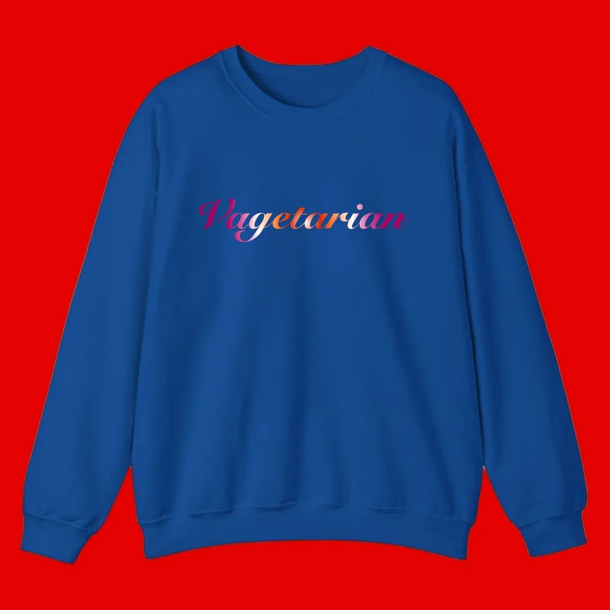Colorful 'Vegetarian' text in flowing script with magenta, pink, and orange lettering on gray background