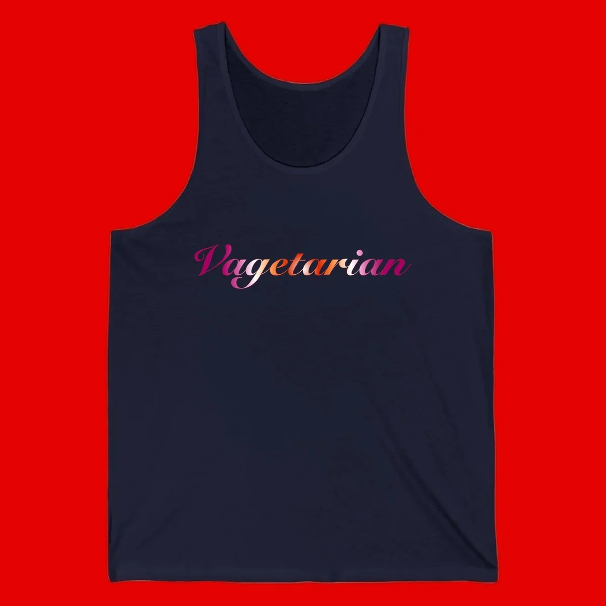 Colorful 'Vegetarian' text in flowing script with magenta, pink, and orange lettering on gray background