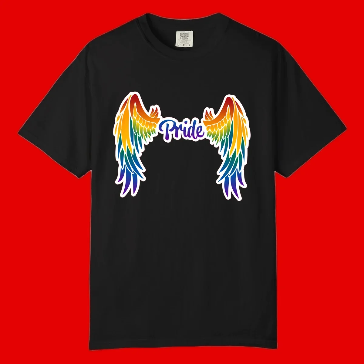 Rainbow gradient angel wings in red, orange, yellow, green, teal, blue, and purple with 'Pride' text in purple script