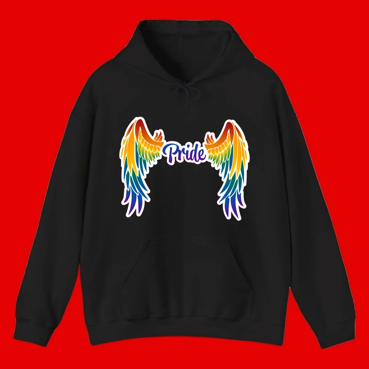 Rainbow gradient angel wings in red, orange, yellow, green, teal, blue, and purple with 'Pride' text in purple script