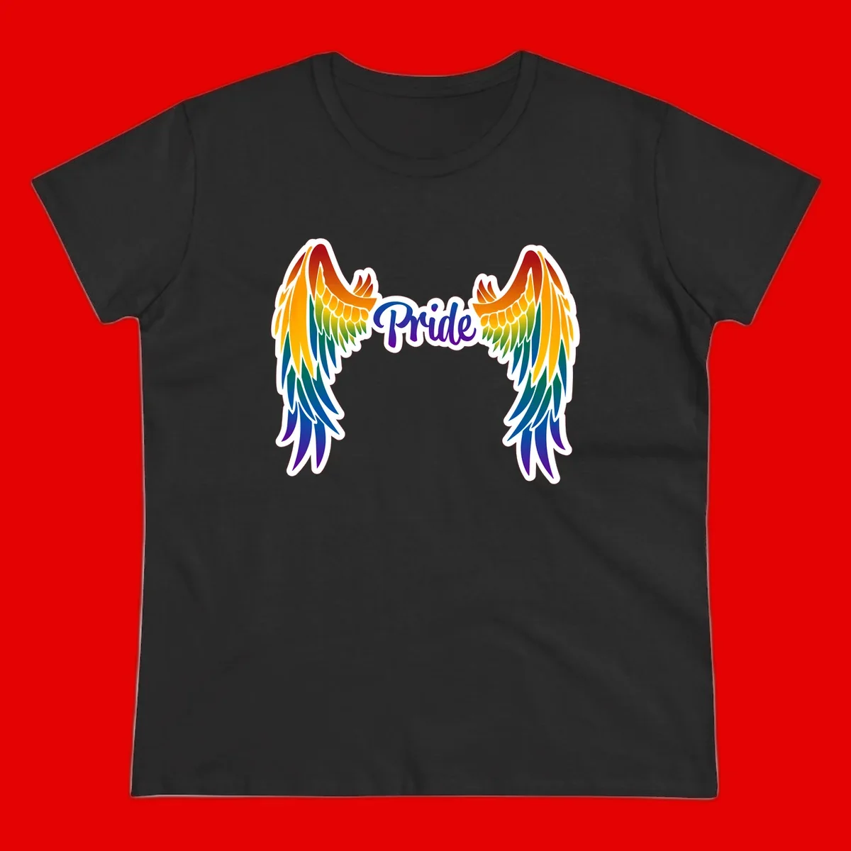 Rainbow gradient angel wings in red, orange, yellow, green, teal, blue, and purple with 'Pride' text in purple script