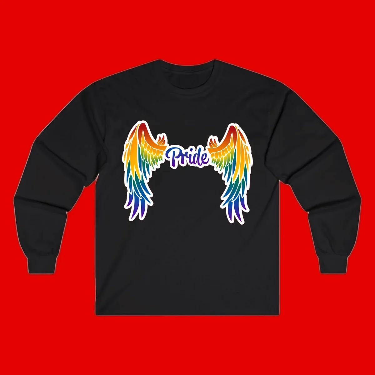 Rainbow gradient angel wings in red, orange, yellow, green, teal, blue, and purple with 'Pride' text in purple script