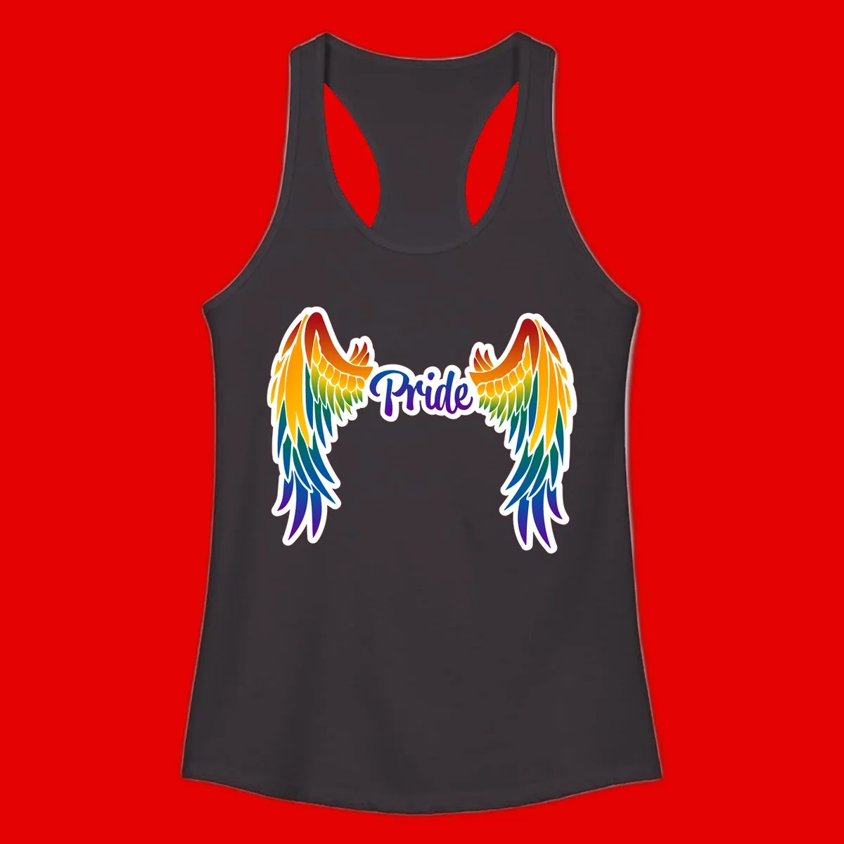 Rainbow gradient angel wings in red, orange, yellow, green, teal, blue, and purple with 'Pride' text in purple script