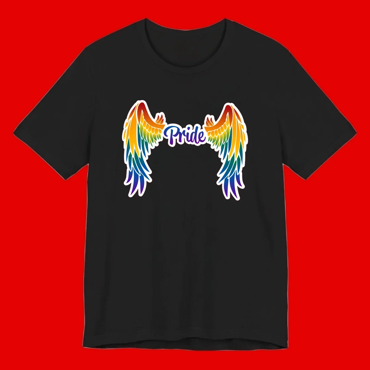 Rainbow gradient angel wings in red, orange, yellow, green, teal, blue, and purple with 'Pride' text in purple script
