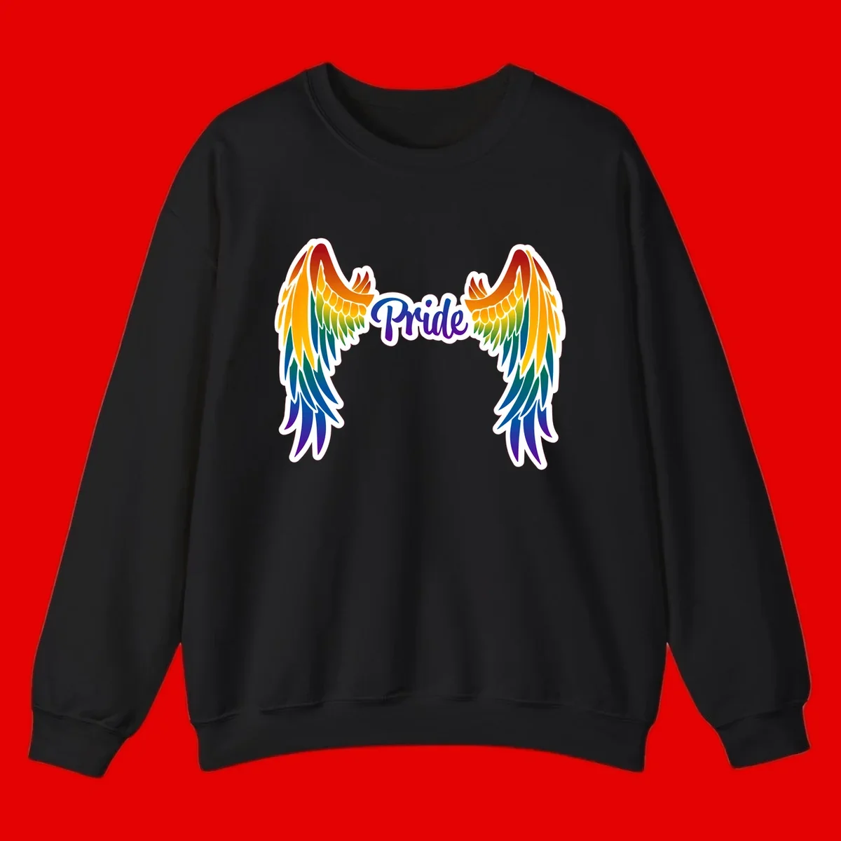 Rainbow gradient angel wings in red, orange, yellow, green, teal, blue, and purple with 'Pride' text in purple script