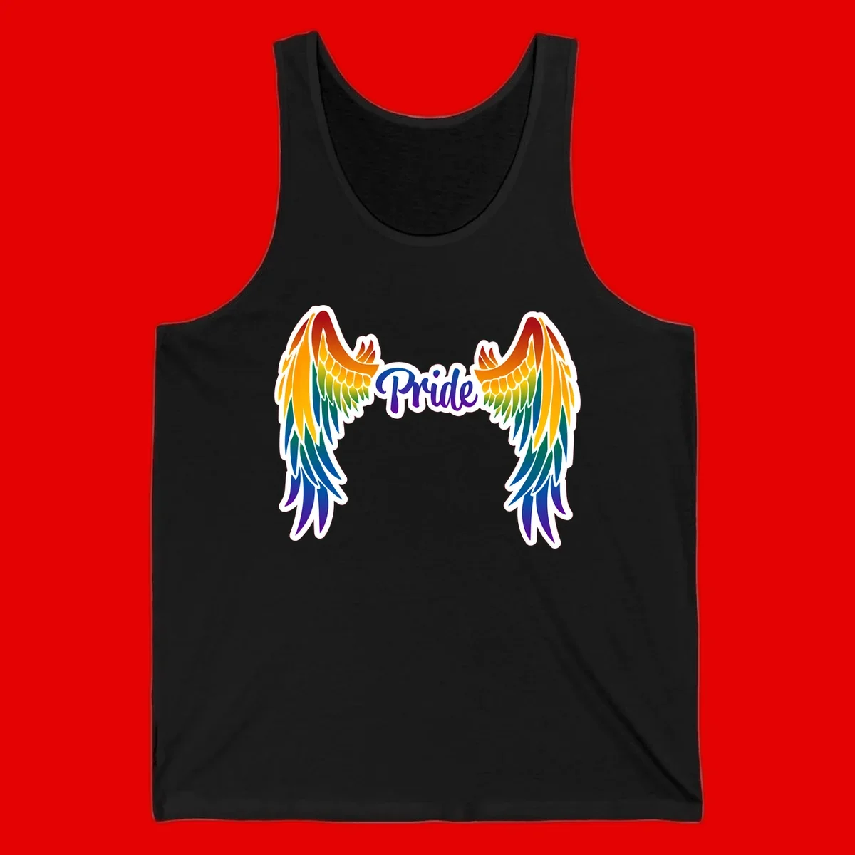 Rainbow gradient angel wings in red, orange, yellow, green, teal, blue, and purple with 'Pride' text in purple script