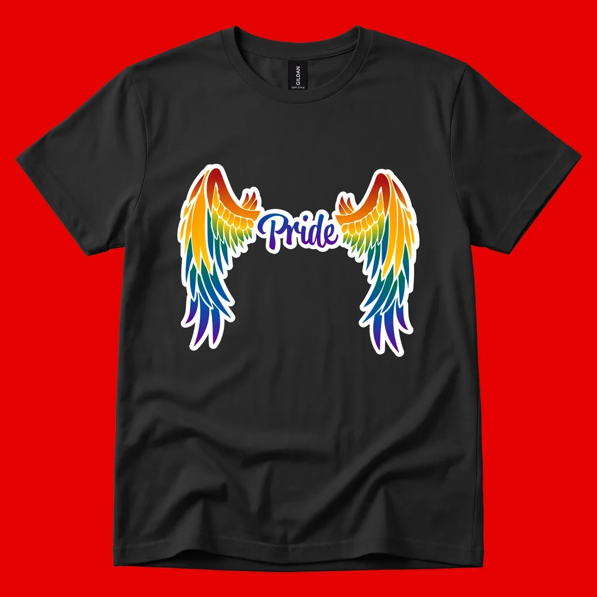 Rainbow gradient angel wings in red, orange, yellow, green, teal, blue, and purple with 'Pride' text in purple script