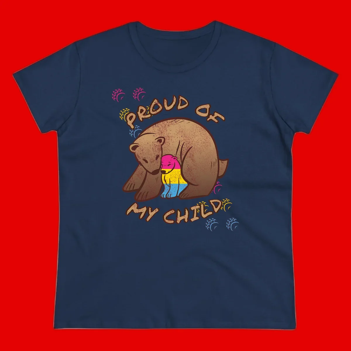 Large bear proudly hugging a smaller bear cub wearing a pride flag shirt, with text reading 'Proud As My Child'