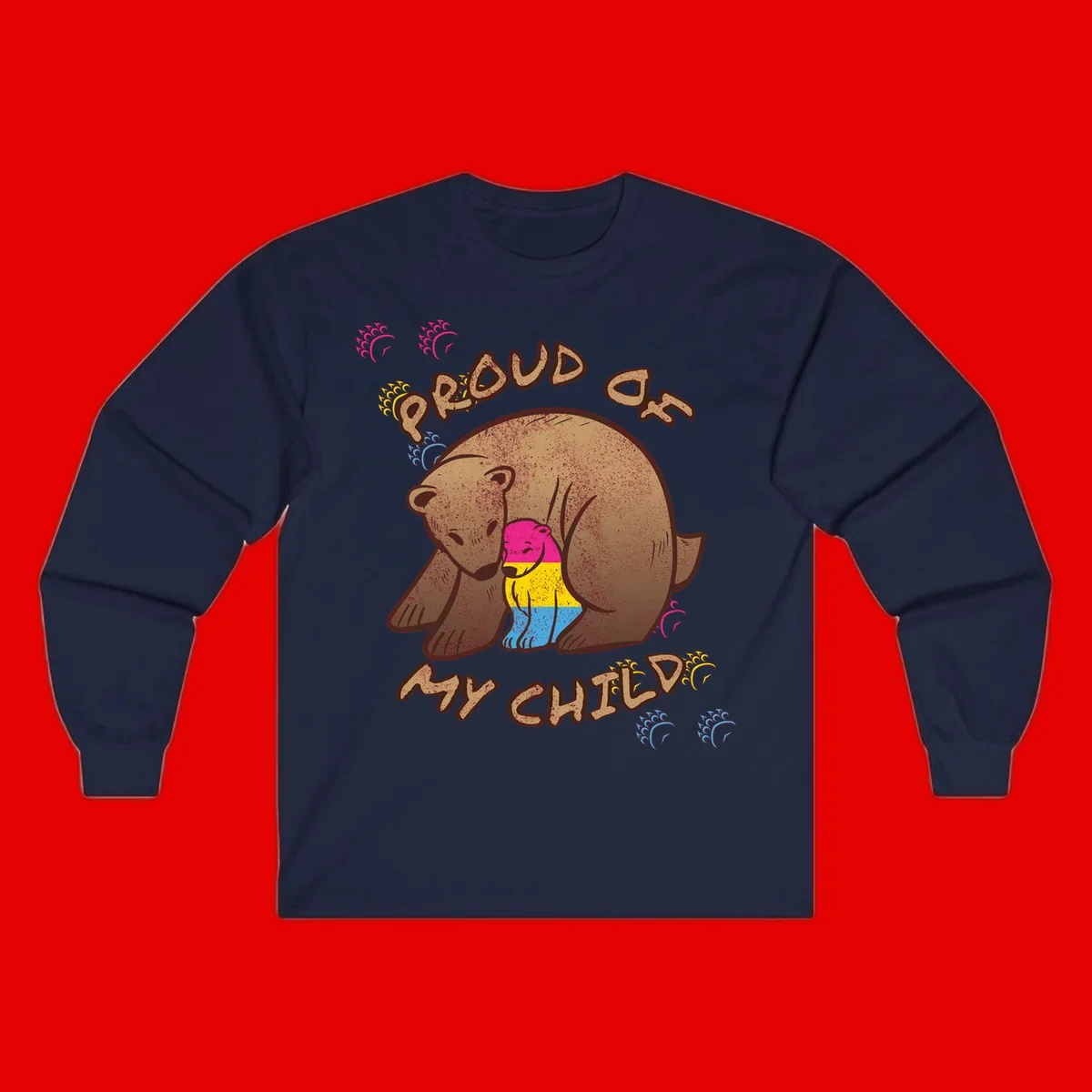 Large bear proudly hugging a smaller bear cub wearing a pride flag shirt, with text reading 'Proud As My Child'