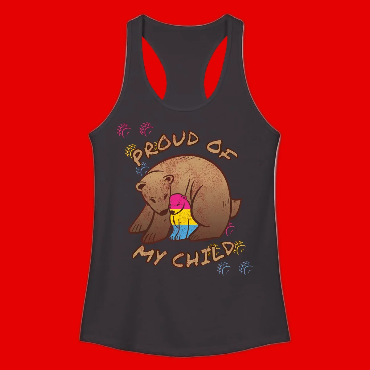 Large bear proudly hugging a smaller bear cub wearing a pride flag shirt, with text reading 'Proud As My Child'