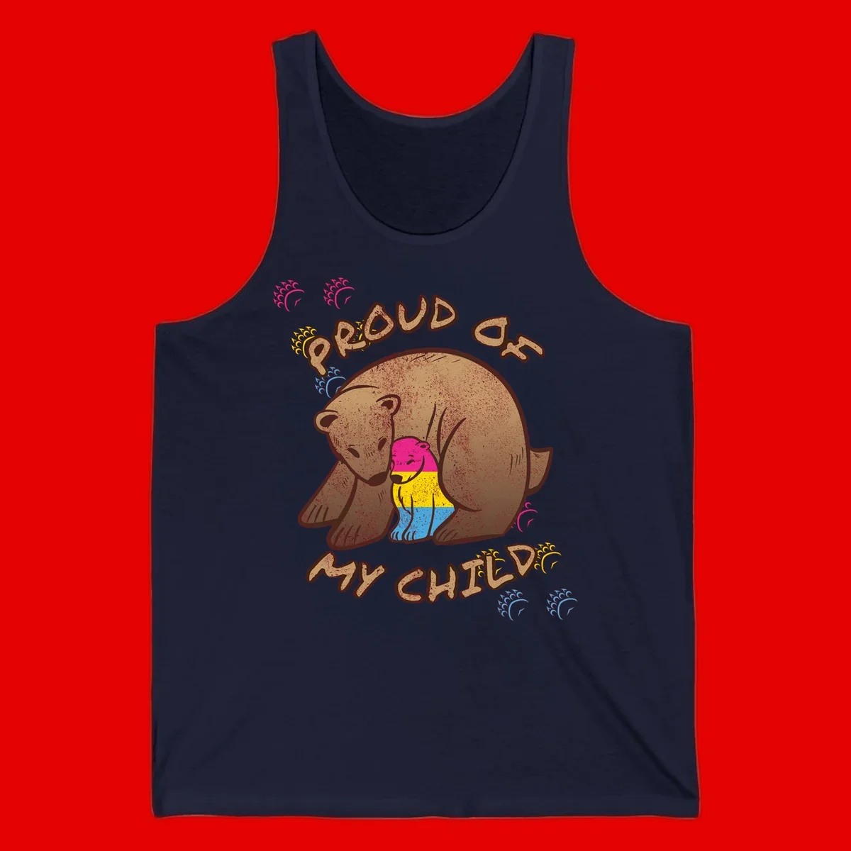 Large bear proudly hugging a smaller bear cub wearing a pride flag shirt, with text reading 'Proud As My Child'