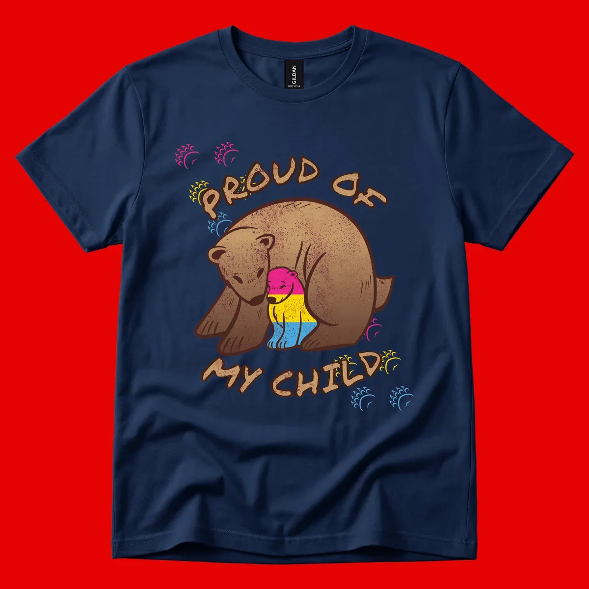 Large bear proudly hugging a smaller bear cub wearing a pride flag shirt, with text reading 'Proud As My Child'