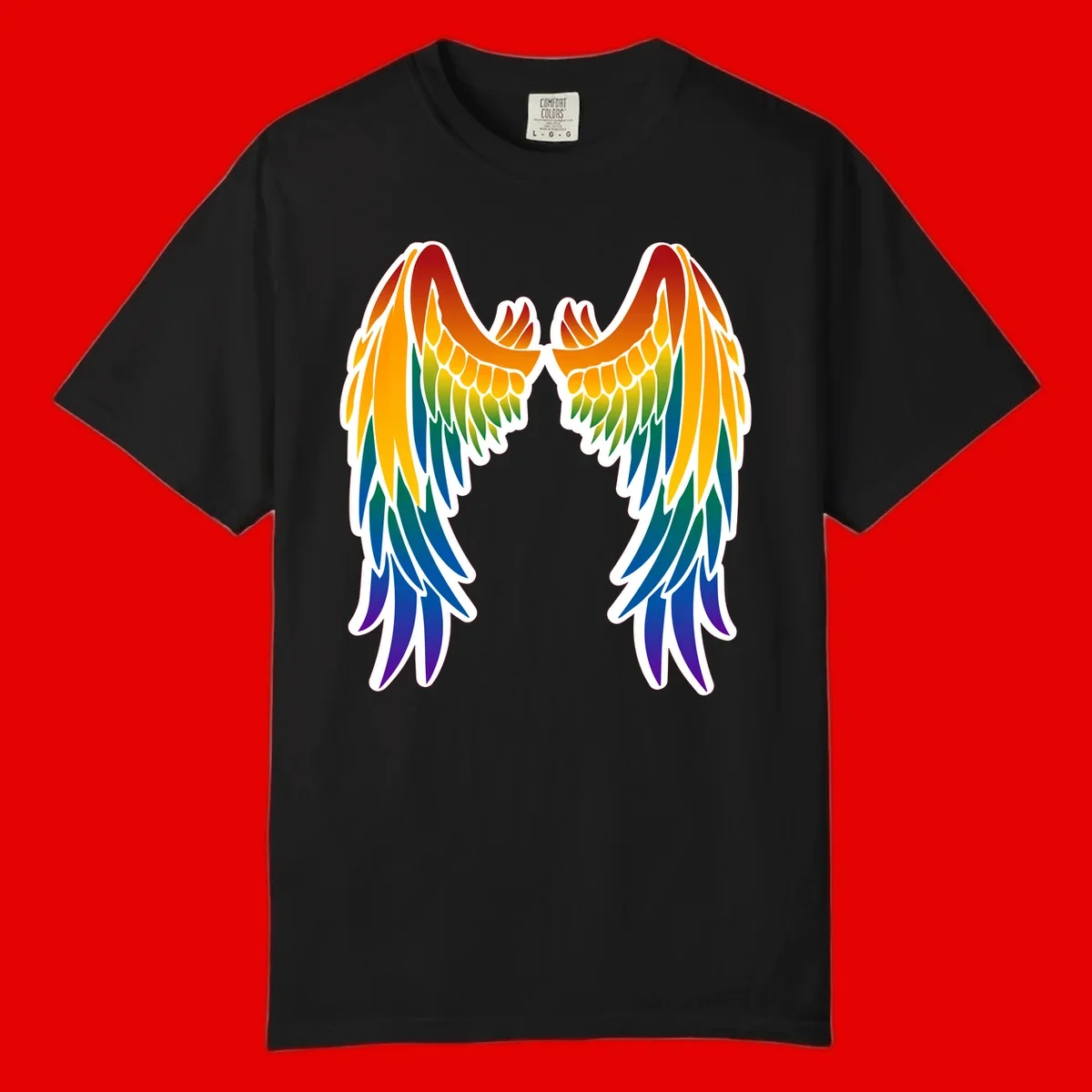 Symmetrical rainbow pride wings with feathered details in red, orange, yellow, green, teal, blue, and purple colors