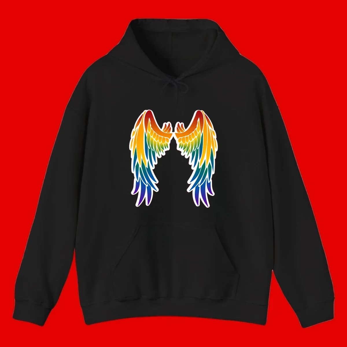 Symmetrical rainbow pride wings with feathered details in red, orange, yellow, green, teal, blue, and purple colors