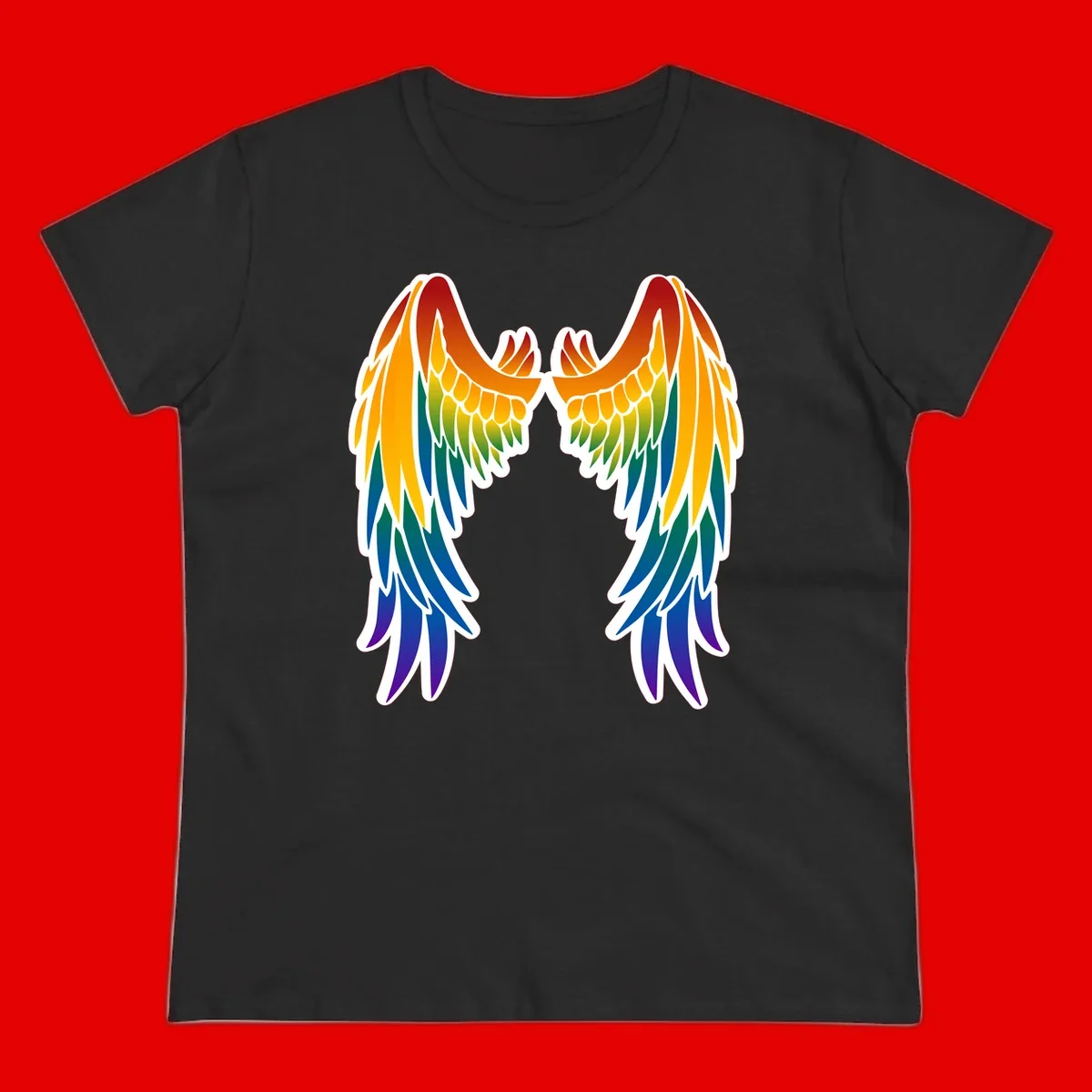 Symmetrical rainbow pride wings with feathered details in red, orange, yellow, green, teal, blue, and purple colors