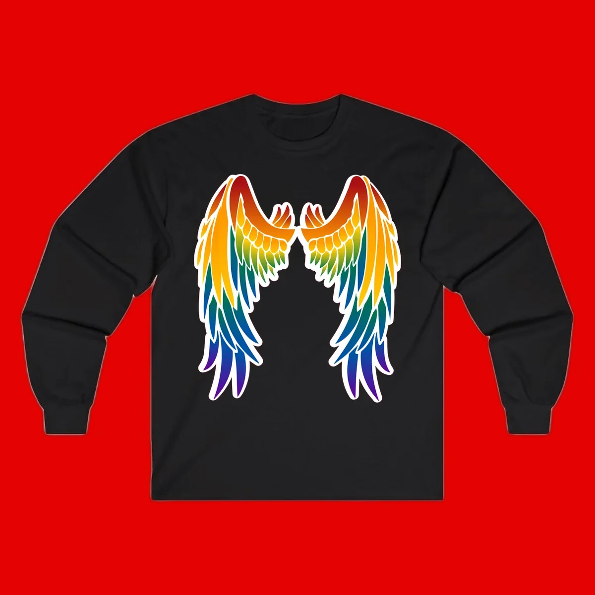 Symmetrical rainbow pride wings with feathered details in red, orange, yellow, green, teal, blue, and purple colors