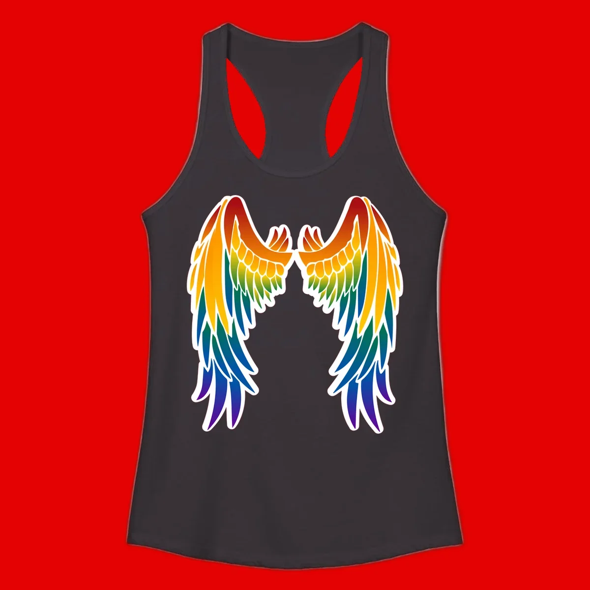 Symmetrical rainbow pride wings with feathered details in red, orange, yellow, green, teal, blue, and purple colors