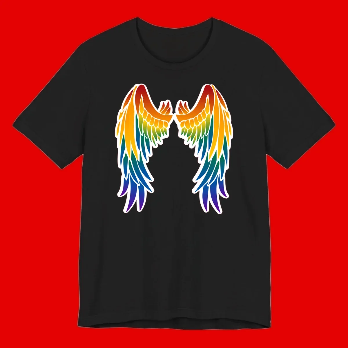 Symmetrical rainbow pride wings with feathered details in red, orange, yellow, green, teal, blue, and purple colors