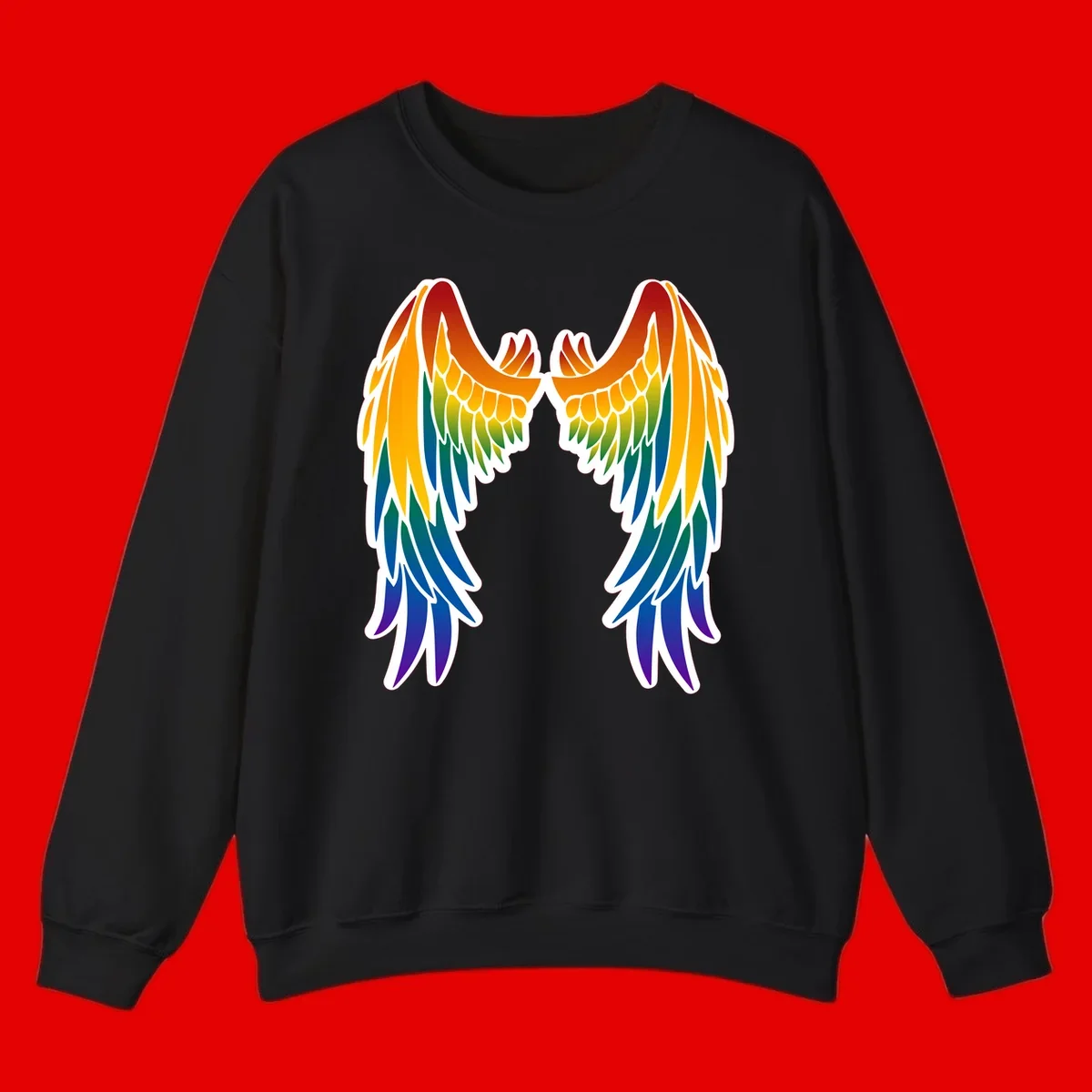 Symmetrical rainbow pride wings with feathered details in red, orange, yellow, green, teal, blue, and purple colors