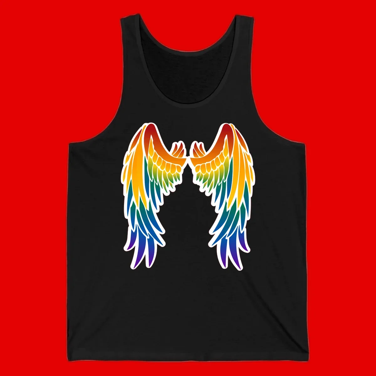 Symmetrical rainbow pride wings with feathered details in red, orange, yellow, green, teal, blue, and purple colors