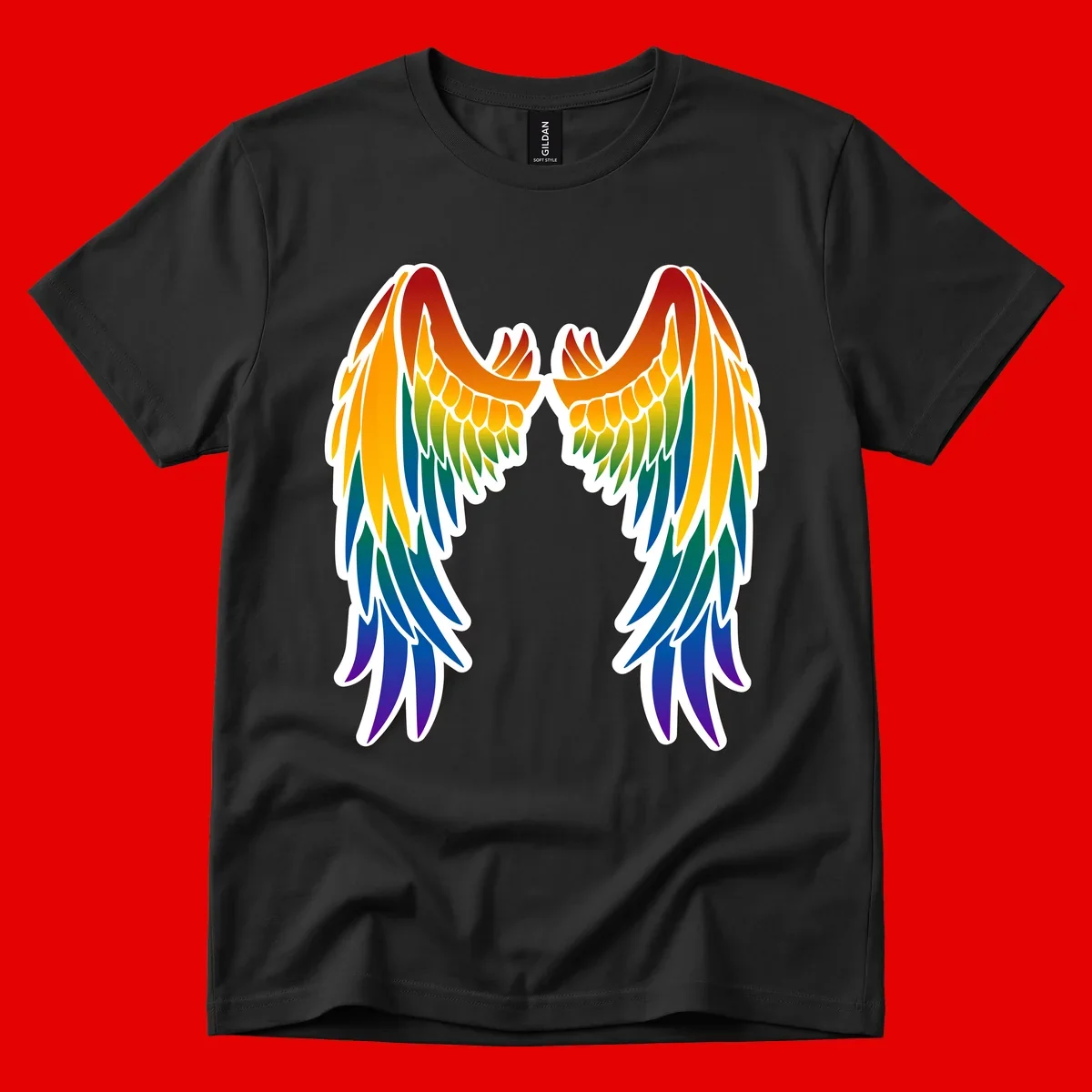 Symmetrical rainbow pride wings with feathered details in red, orange, yellow, green, teal, blue, and purple colors