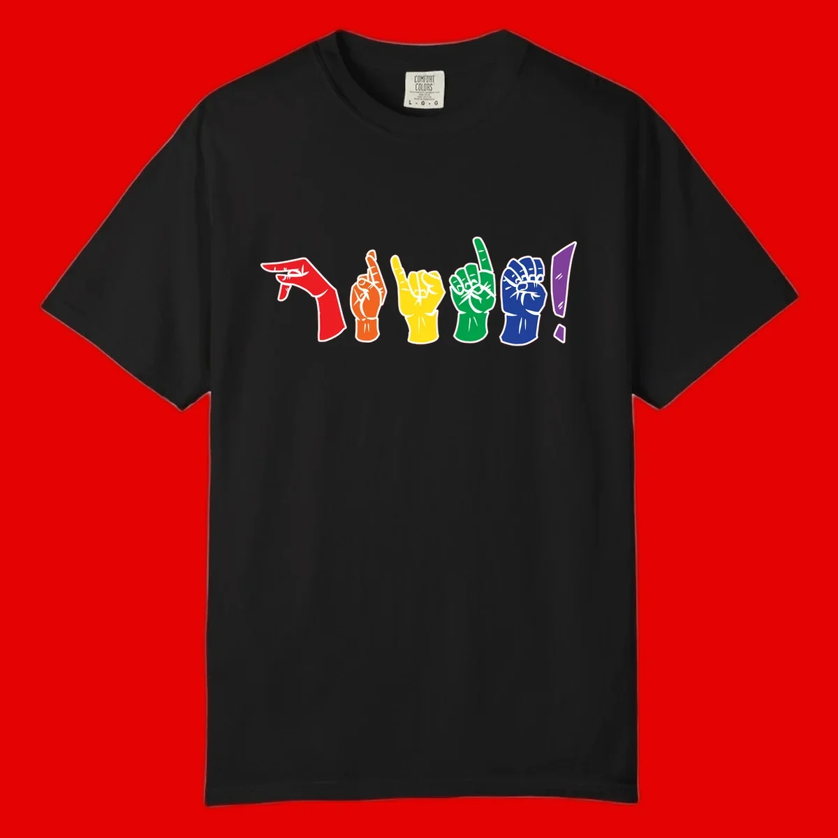 Six colorful raised fists in rainbow pride colors displaying various hand gestures symbolizing unity and solidarity
