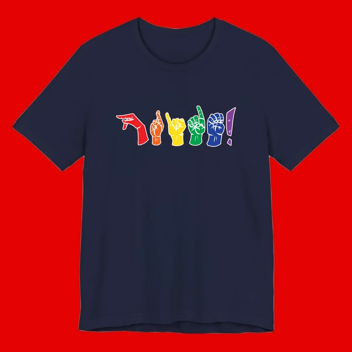 Six colorful raised fists in rainbow pride colors displaying various hand gestures symbolizing unity and solidarity