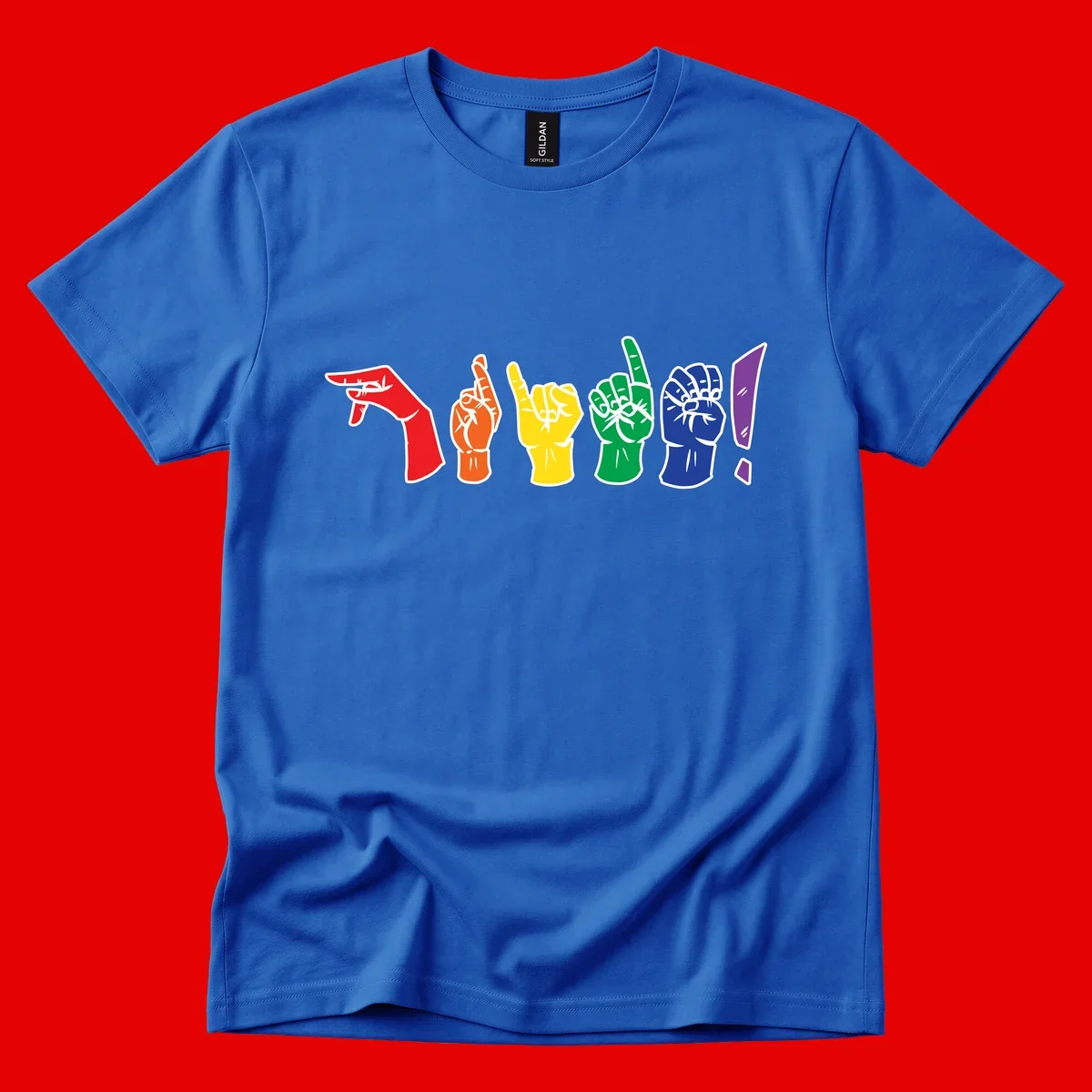 Six colorful raised fists in rainbow pride colors displaying various hand gestures symbolizing unity and solidarity