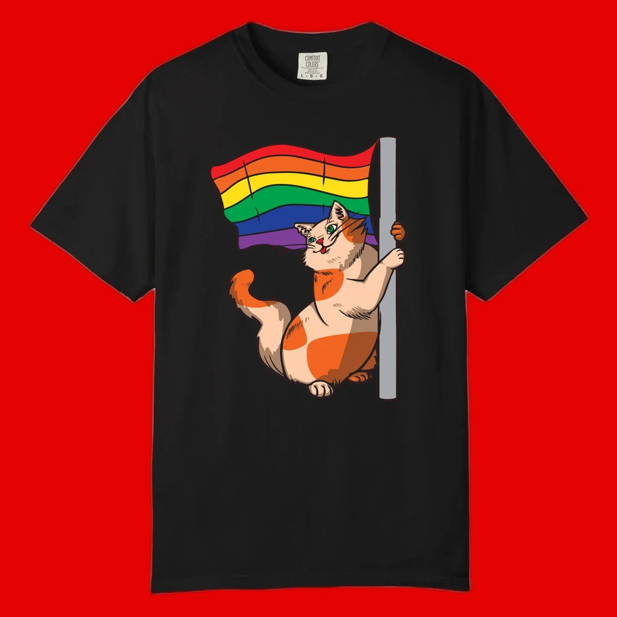 Cartoon cat holding rainbow pride flag with celebratory expression and playful pose