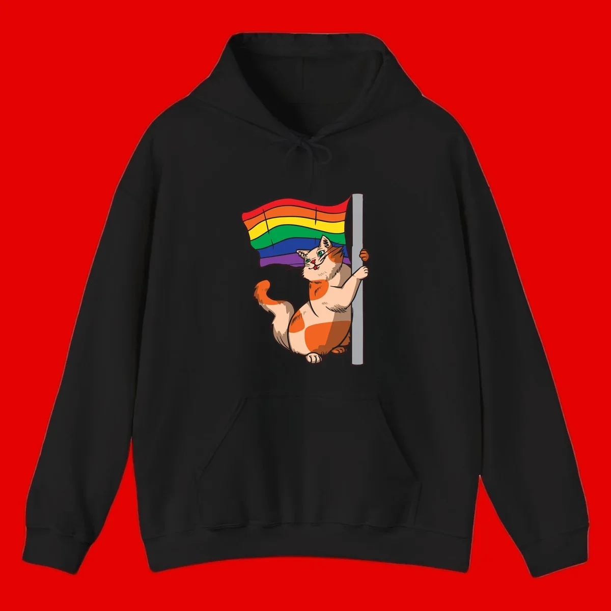 Cartoon cat holding rainbow pride flag with celebratory expression and playful pose
