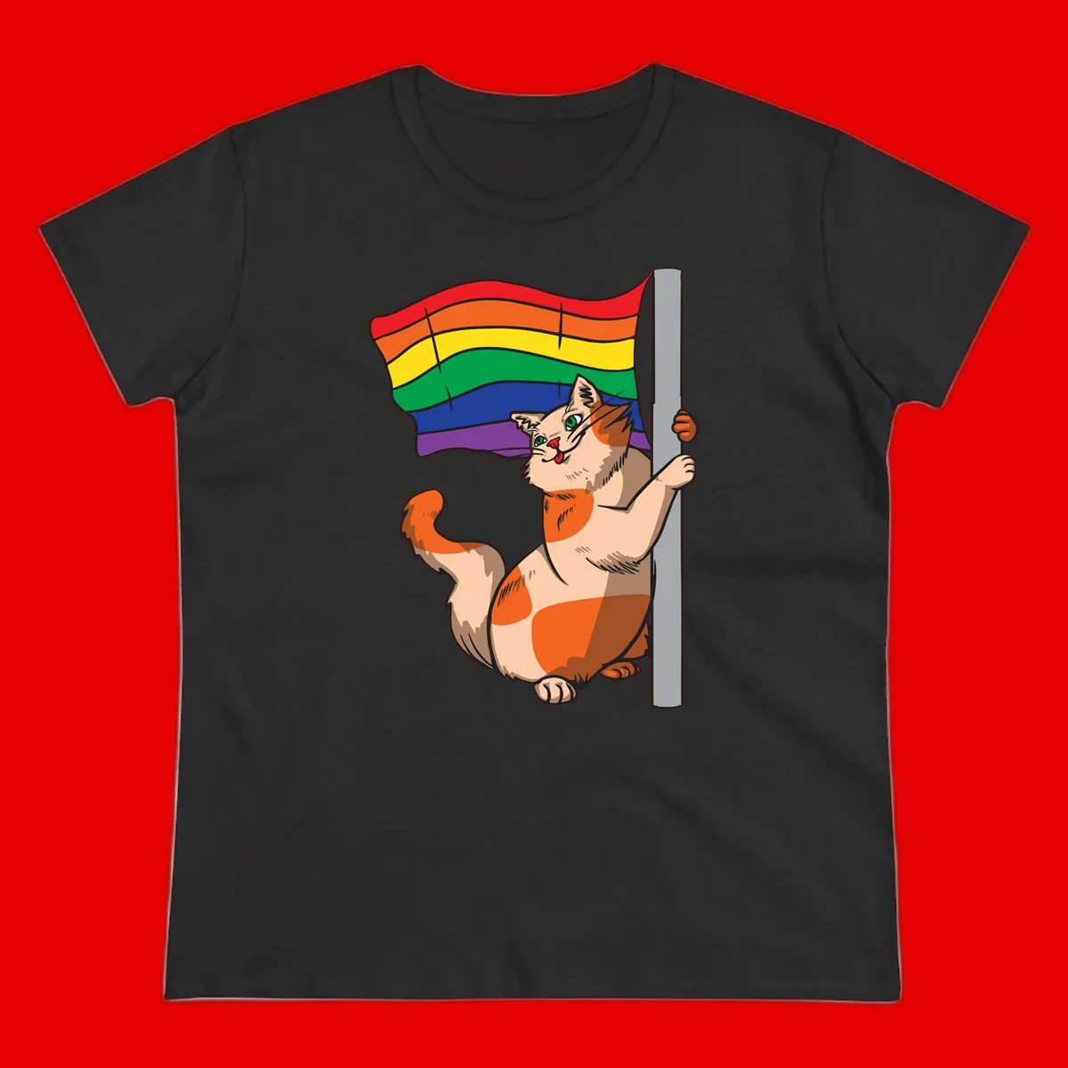 Cartoon cat holding rainbow pride flag with celebratory expression and playful pose