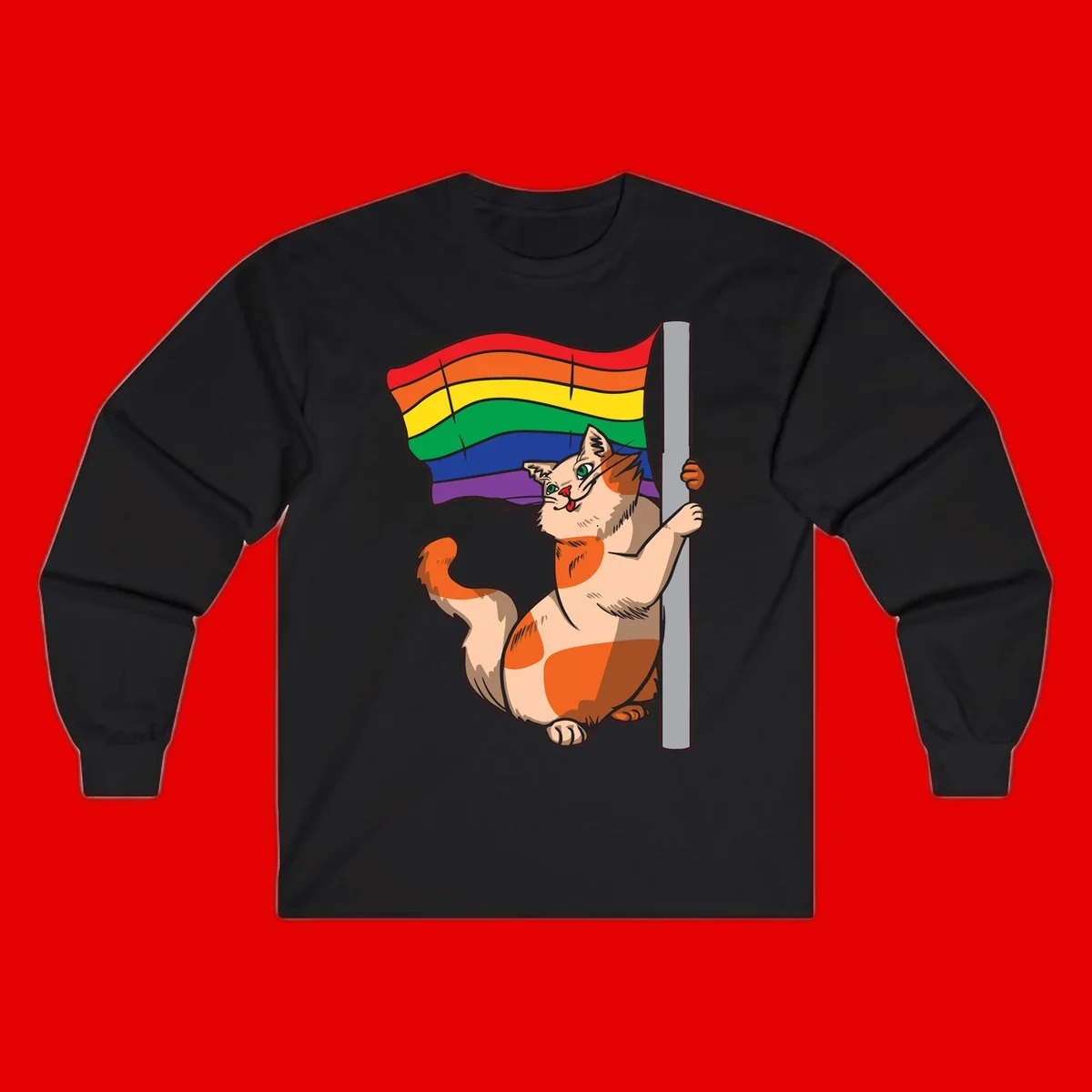 Cartoon cat holding rainbow pride flag with celebratory expression and playful pose