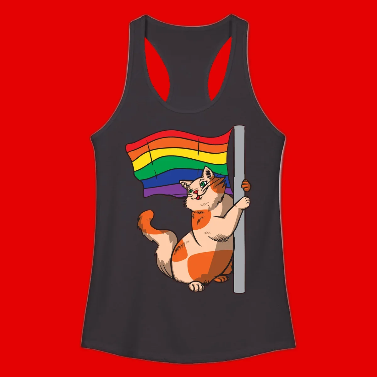 Cartoon cat holding rainbow pride flag with celebratory expression and playful pose