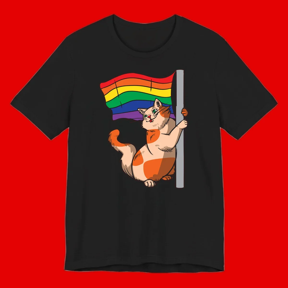 Cartoon cat holding rainbow pride flag with celebratory expression and playful pose