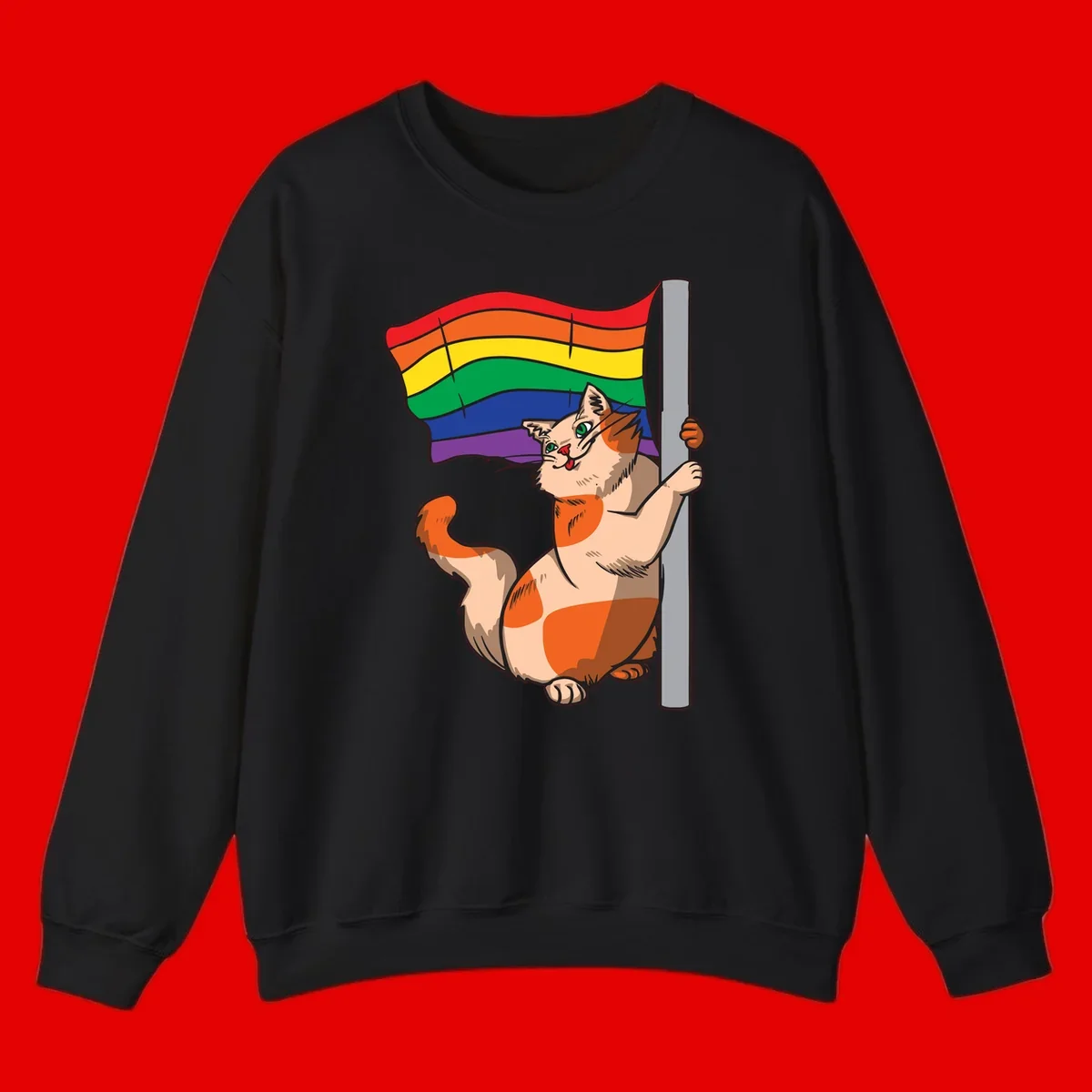 Cartoon cat holding rainbow pride flag with celebratory expression and playful pose