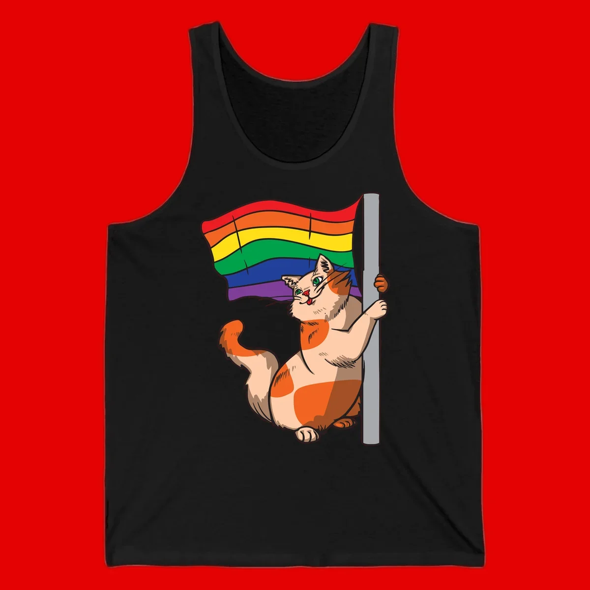 Cartoon cat holding rainbow pride flag with celebratory expression and playful pose