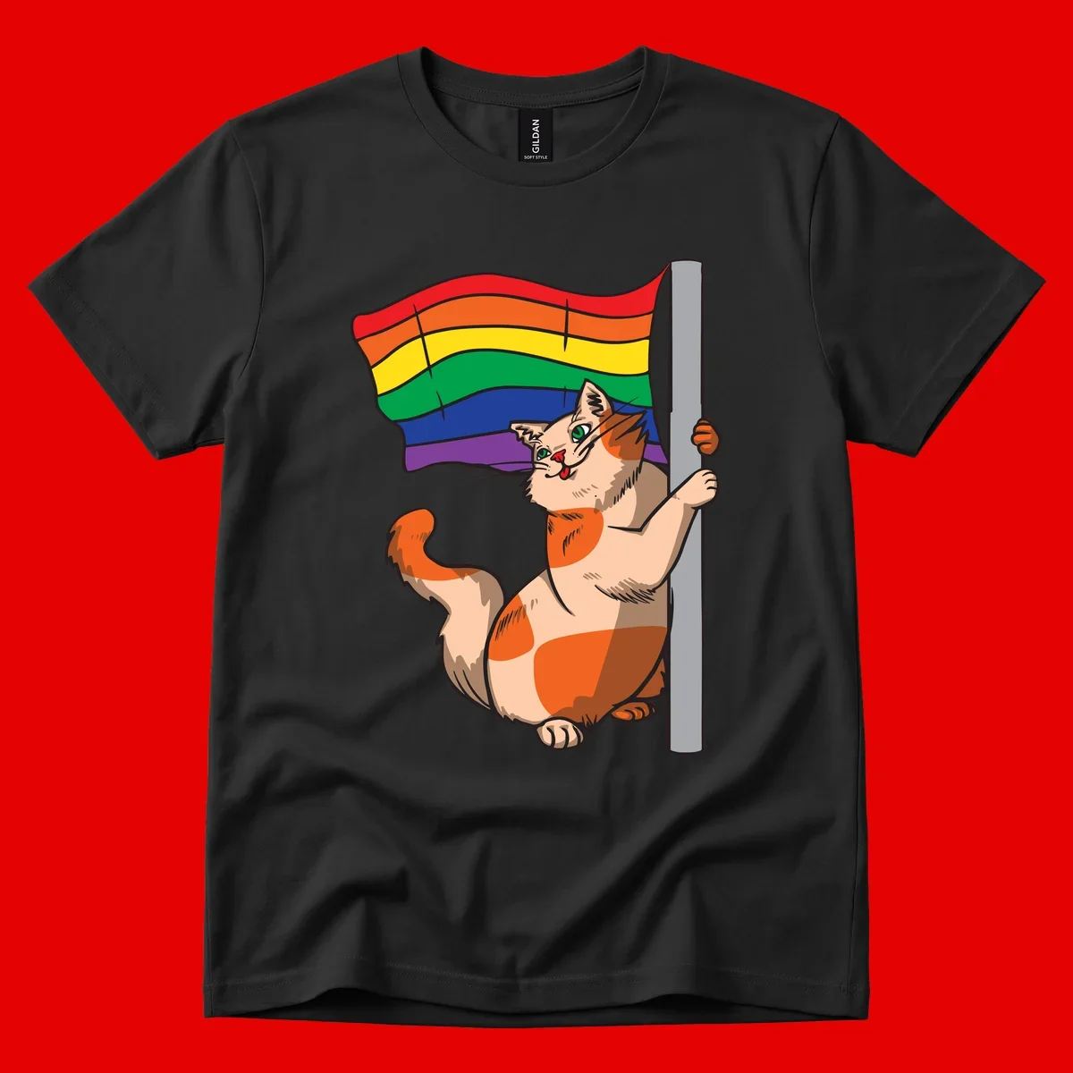 Cartoon cat holding rainbow pride flag with celebratory expression and playful pose