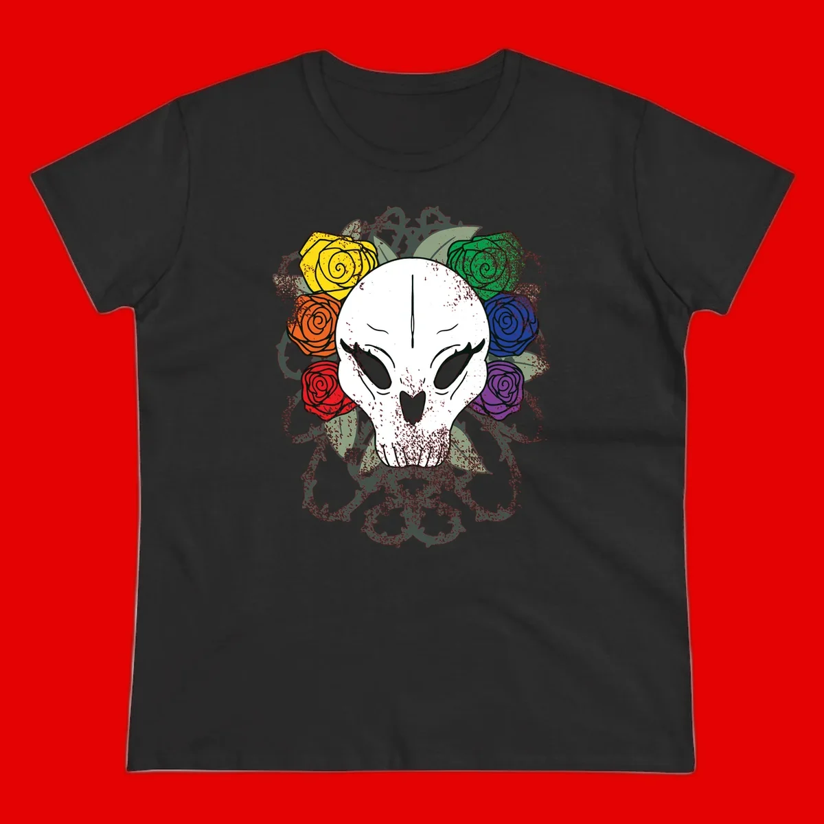 White skull with rainbow colored roses in yellow, orange, red, blue, green, and purple surrounding it on gray background