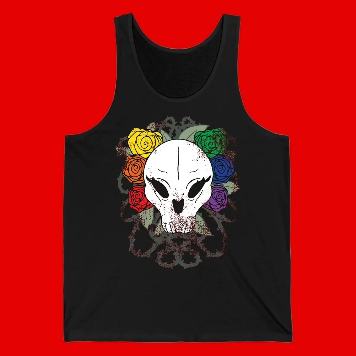 White skull with rainbow colored roses in yellow, orange, red, blue, green, and purple surrounding it on gray background