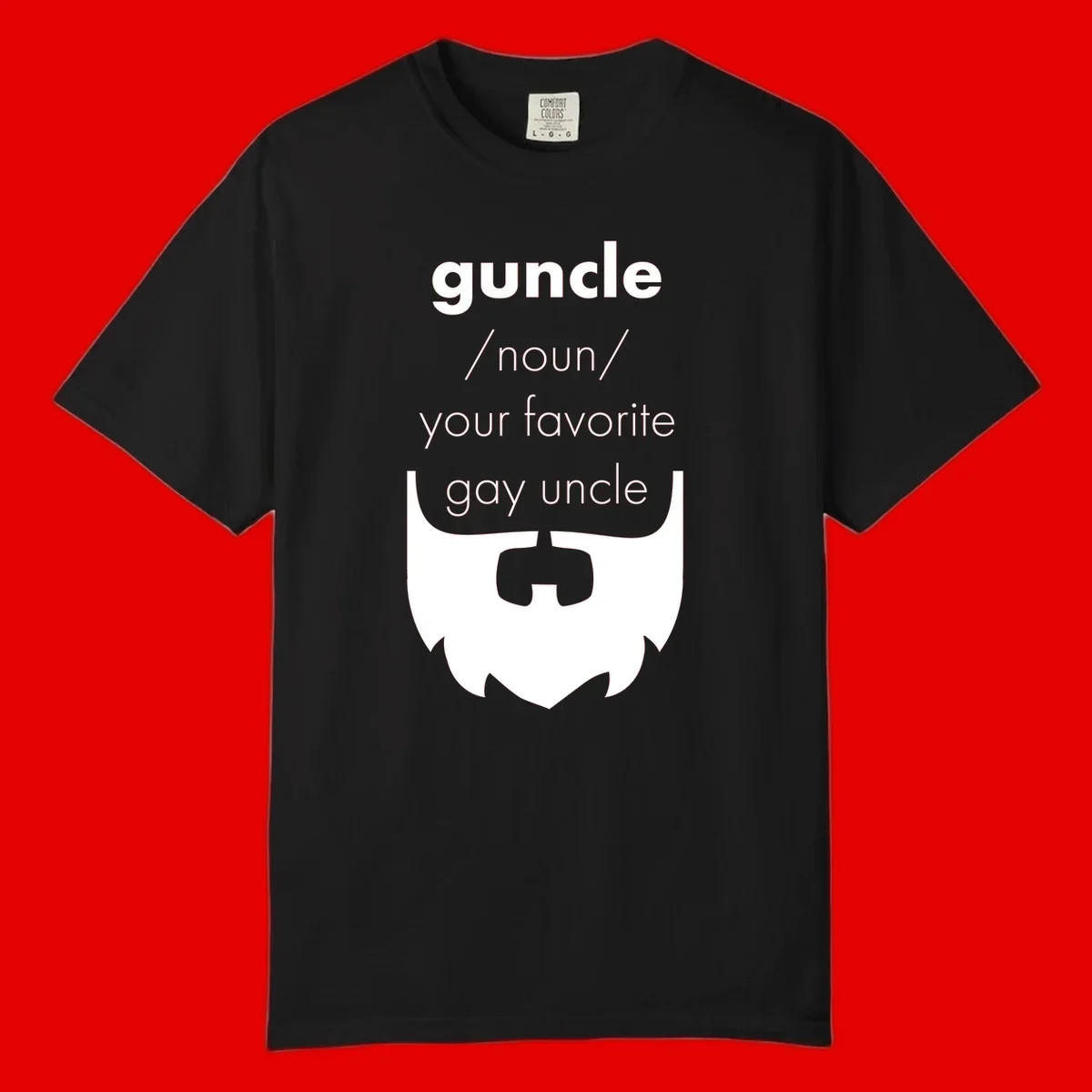 Guncle definition design: white bearded shield badge on gray background with text defining guncle as your favorite gay uncle